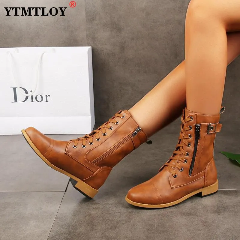 Ladies Low-heel Casual Long Women's Boots Plus Cotton Warm Zipper Round-toe Winter Shoes Motorcycle Boots 2022 New Ankle