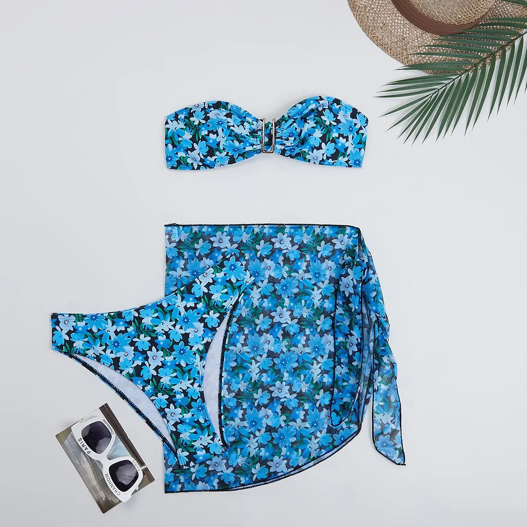 Churchf 2025 Swimsuit Women Divided Metal U-Shaped Bikini Bikini Three-Piece Printed Swimsuit