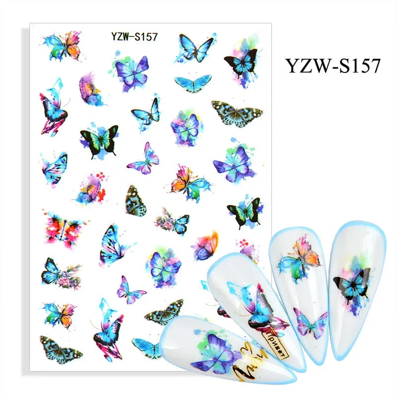 1pc Holographic Blue Nail Stickers Pink Colorful Butterfly Art Sticker With Adhesive DIY Extension Flowers Rose Nail Decoration-Nail Inspo