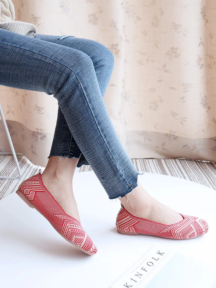 2022 Plus Size Spring New Ballet Flats Women Square Toe Knit Fabric Loafers Breathable Flat Heel Drive Shoes Driving Sneaker