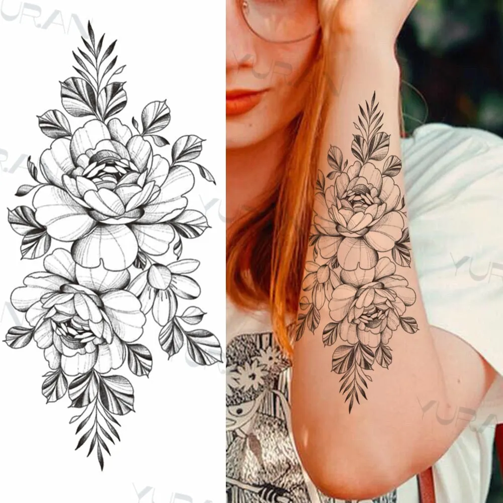 Black Large Snake Flower Fake Tattoo Sticker For Women Dot Rose Peony Temporary Tattoos DIY Water Transfer Tatoos Girls 530