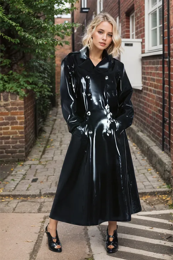 Women Latex Coats Black Double-Breasted Trench Coat (Detachable Hood)