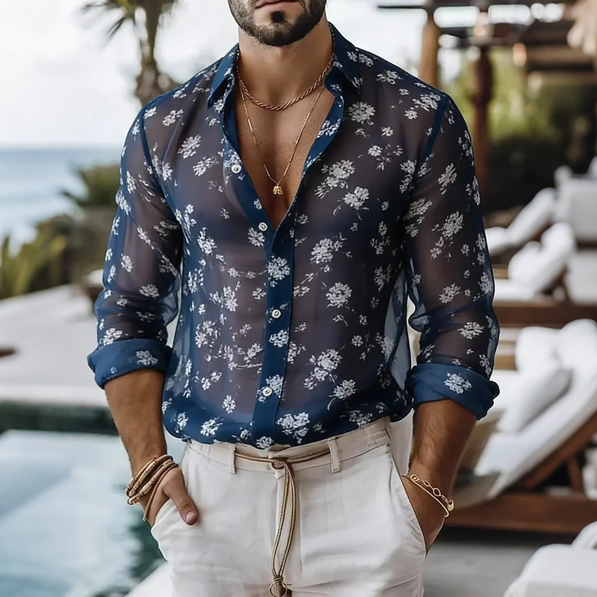 Comstylish Men's Vintage Floral Art Print Linen Blend Casual Shirt