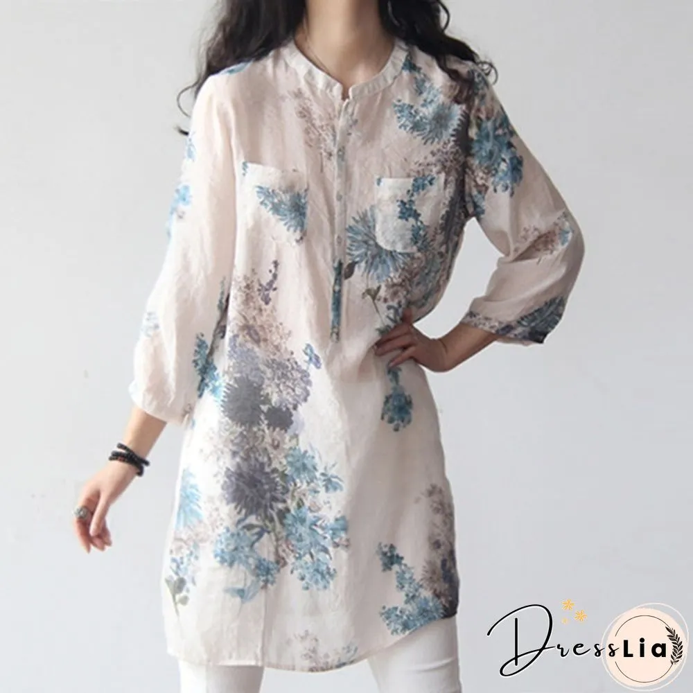 Vintage Women Floral Printed Casual Loose Tops Shirt Tunic Dress