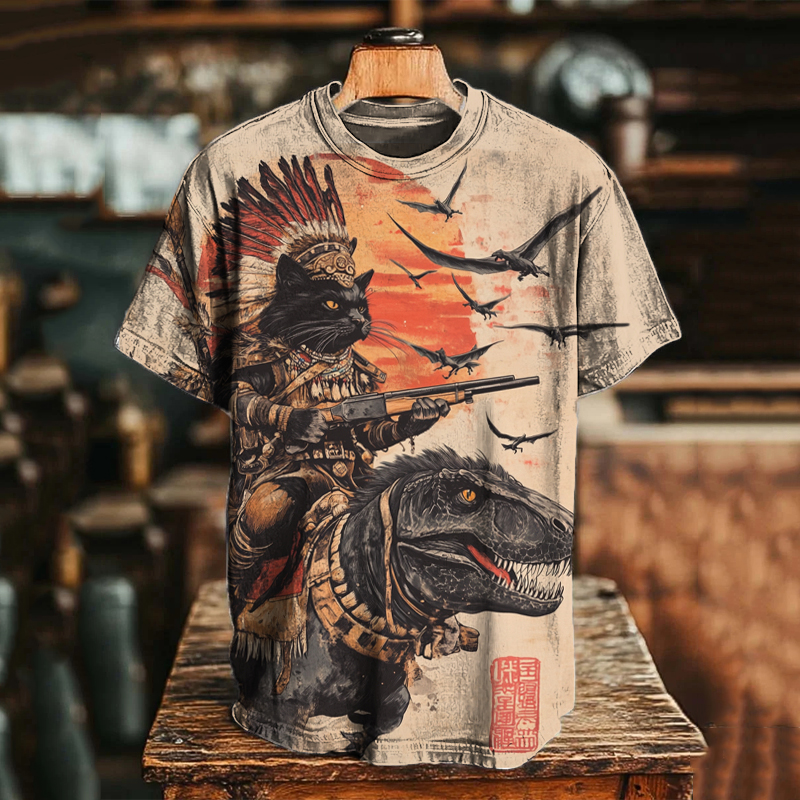 Men's Tribe Cat Dinosaur Japanese Art Print T-shirt  artssus