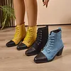Women's Trendy 65mm High Color Block Square Toe Chunky Heel Short Martin Boots
