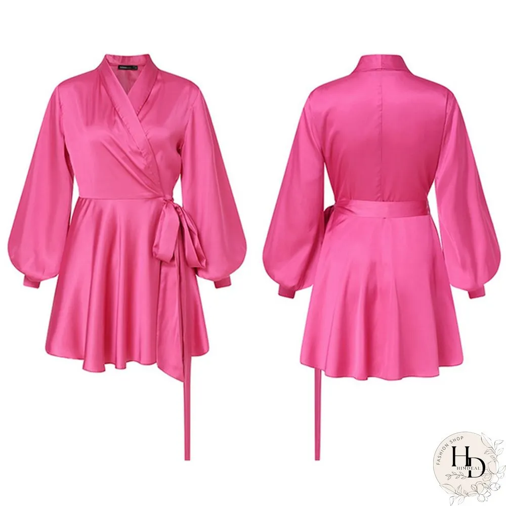 Women Silk Swing Mini Dress Lantern Long Sleeve V Neck Solid Color Party Casual Fashion Wrap Dress Plus Size