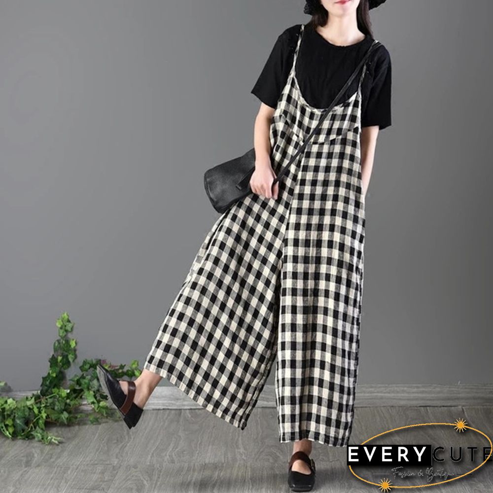 Women Loose Bib Pants Ladies Checked Suspenders Baggy Overalls Sleeveless Jumpsuit