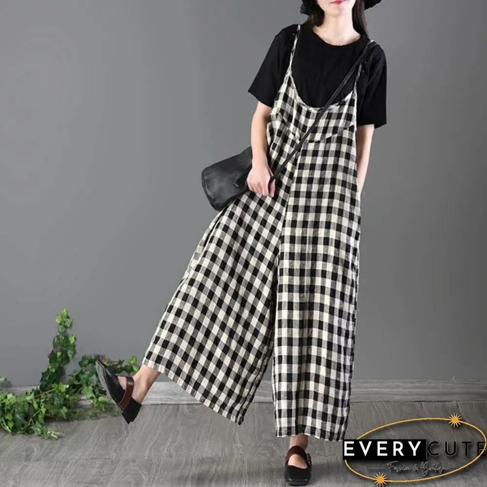 Women Loose Bib Pants Ladies Checked Suspenders Baggy Overalls Sleeveless Jumpsuit