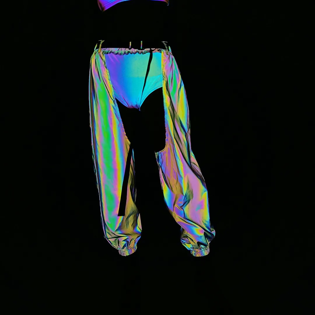Nigikala Fashion Sexy Open-Crotch Dazzle Reflective Pants Female Ins Hip Hop Trend Laser Cargo Casual Pants