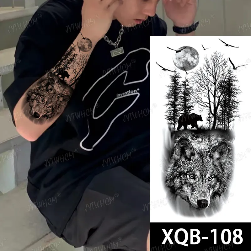 Sdrawing Hot Water Transfer Fake Tattoo Waterproof Temporary Tattoo Sticker For Men Women Wolf Arm Neck Tattoo Flash Tattoo Sleeve