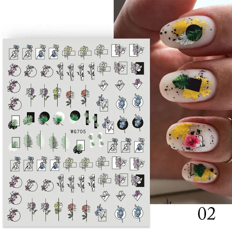 Geometric Lines Flowers Leaves 3D Nail Sticker Figure Woman Face Pattern Special Self Adhesive Nail Art Decals Manicures Sliders-Nail Inspo