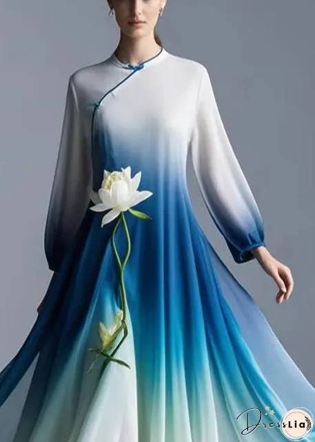 Italian Gradient Color Lotus Exra Large Hem Chiffon Long Dress Fall