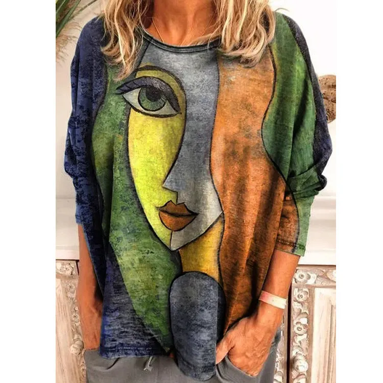 Brownm Size Women's Printing Print Long Sleeve Loose T-shirt