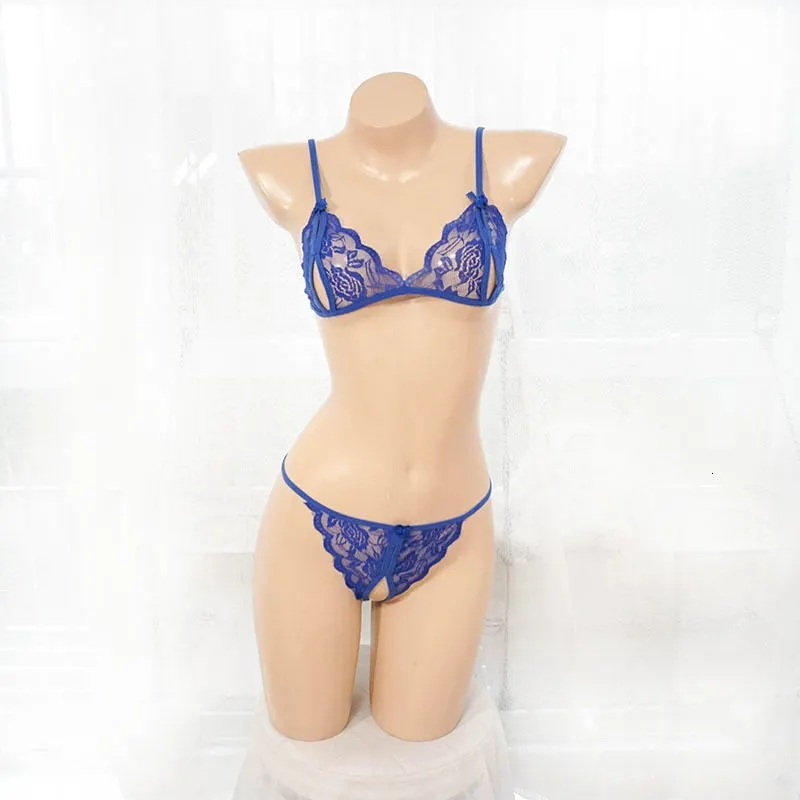 Women's Erotic Lingerie Transparent Crotchless Lace Sexy Underwear Bra Pants Exotic Apparel Pajamas Hot 8 Colors 2pcs Set