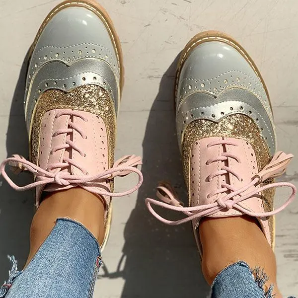 Lace-Up Sequins Insert Chunky Heeled Boots