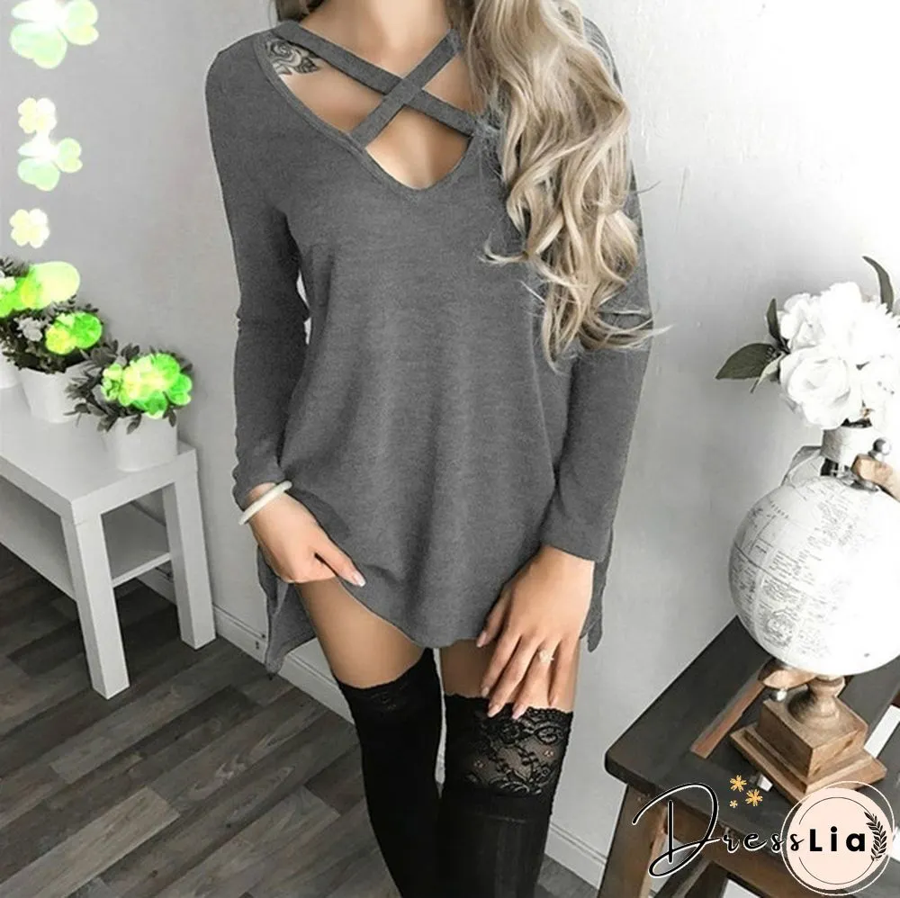 Women Spring Summer Fashion Long Sleeve Tops Black Casual Knitted Sweater Dresses Ladies Fashion Loose Mini Dress Pure Color Cotton Shirt Sexy Deep V-Neck Slim Fit Waist Bodycon Club Wear Knit Slit Party Robe Chic FemmeT-shirt