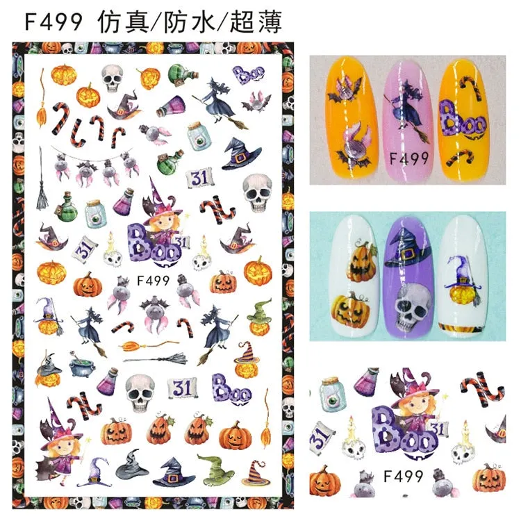 Halloween Nail Art Sticker Ghost Witch Spider Web Pumpkin Nail Decals Sexy Skull Bone Water Transfer Decals Nails Foil Manicure-Nail Inspo
