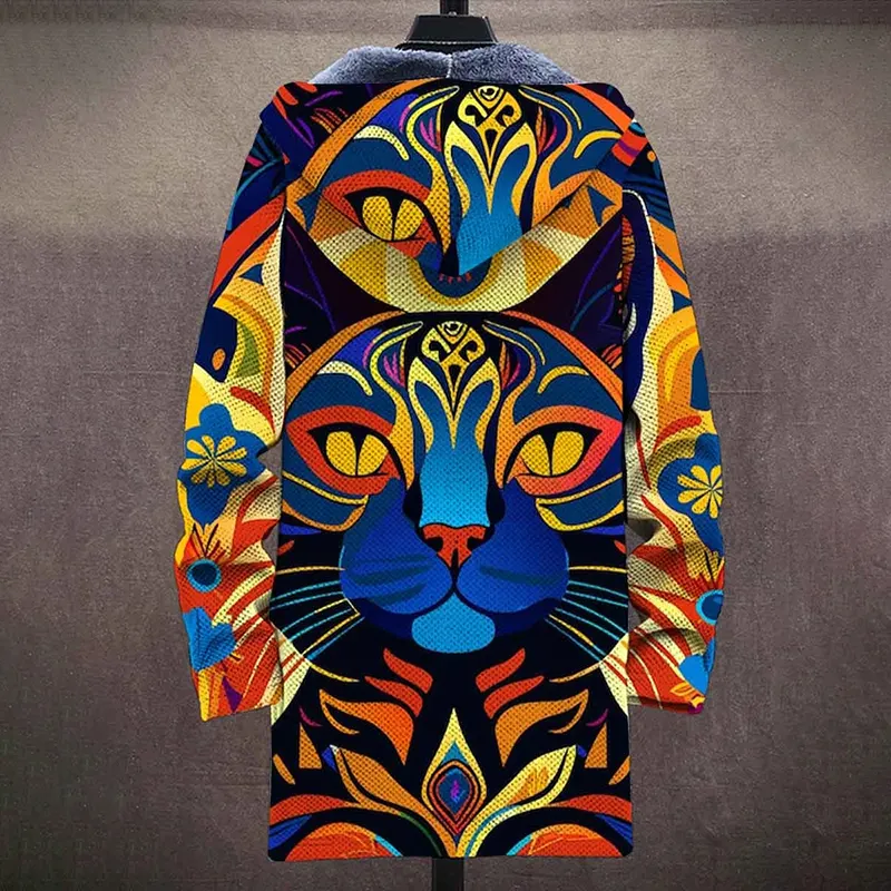 Cat Abstract Art Plush Long Sleeve Printed Sweater Cardigan Coat