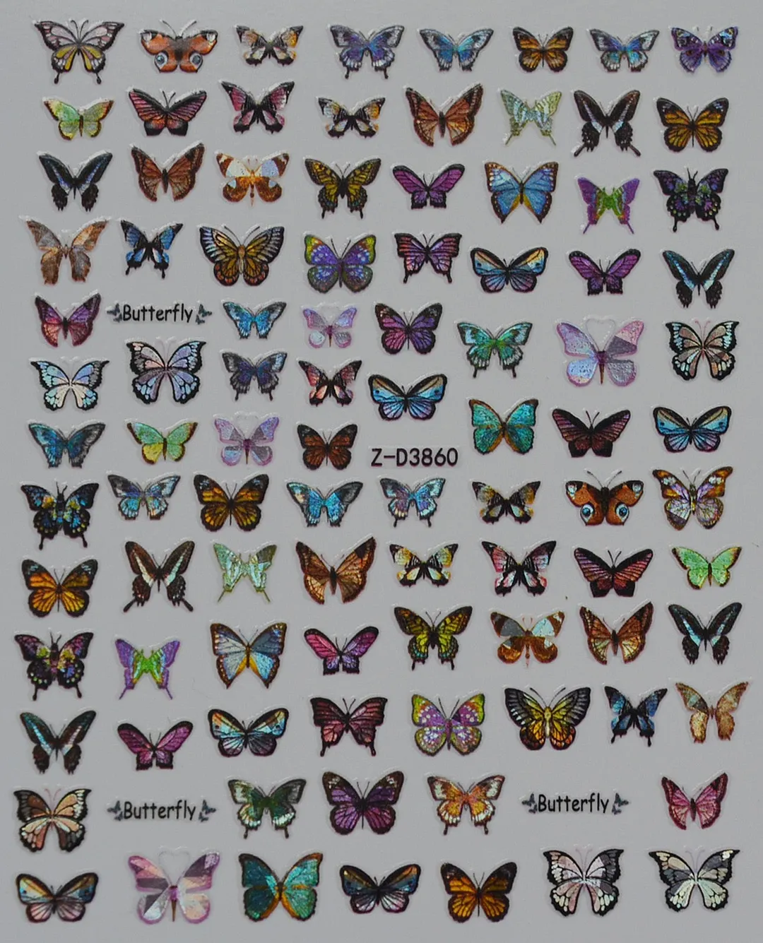 1pc Holographic Blue Nail Stickers Pink Colorful Butterfly Art Sticker With Adhesive DIY Extension Flowers Rose Nail Decoration-Nail Inspo