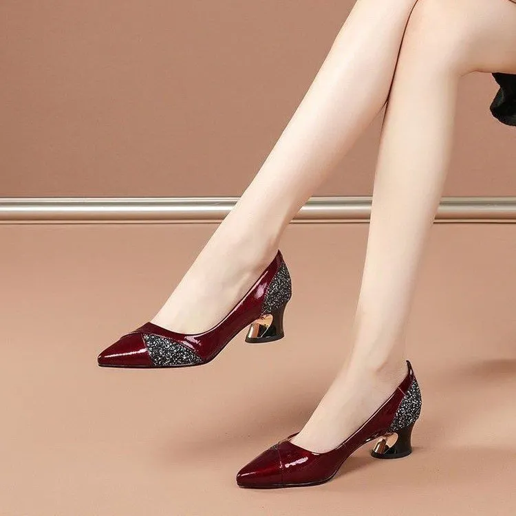 Churchf Churchf Wenzhou Autumn New Soft Leather Single Shoes Women's Thick Heel Wine Red Pointed Leather Shoes In The Heel Paint