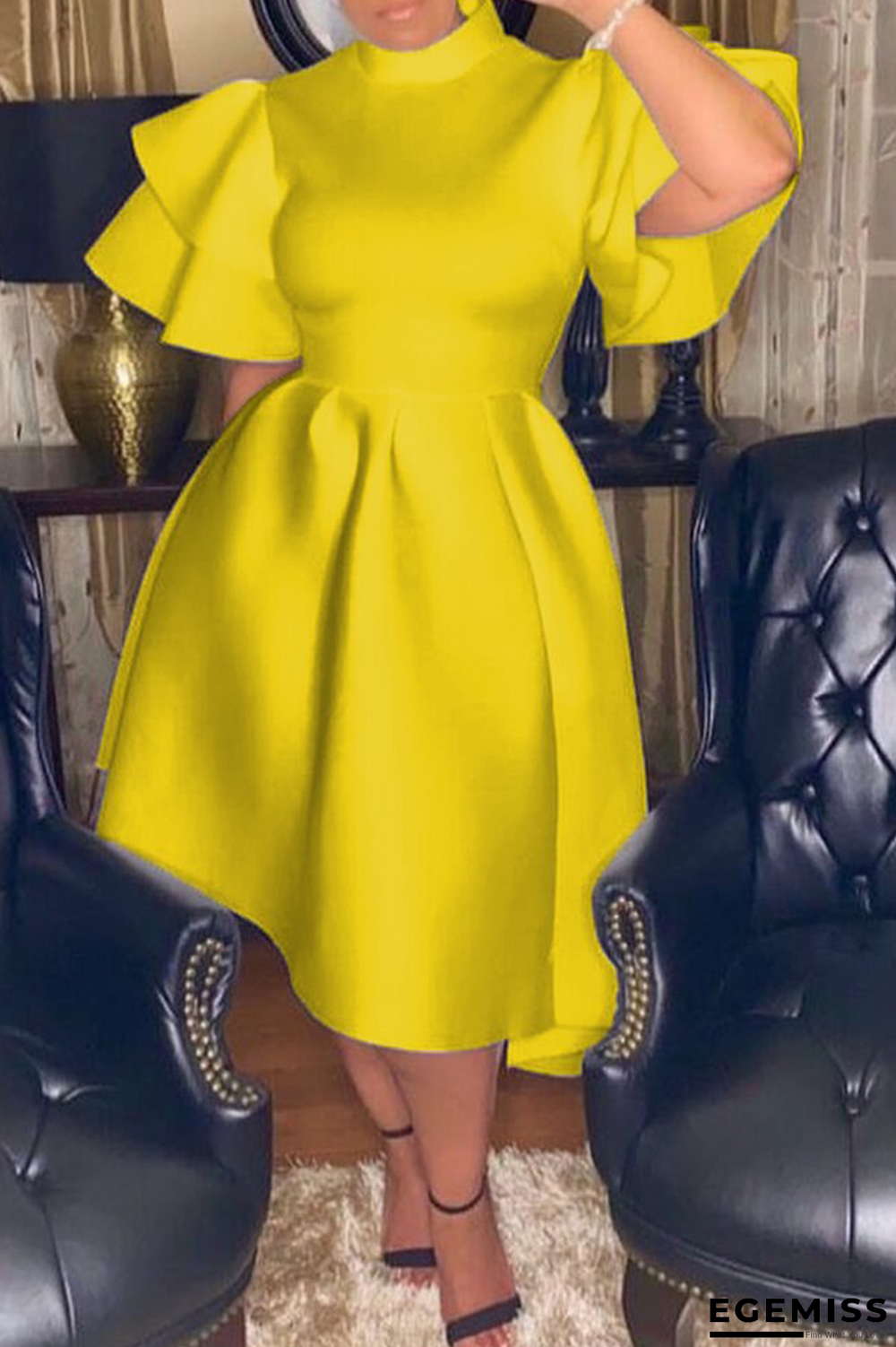 Yellow Sexy Casual Solid Flounce Half A Turtleneck Cake Skirt Dresses | EGEMISS