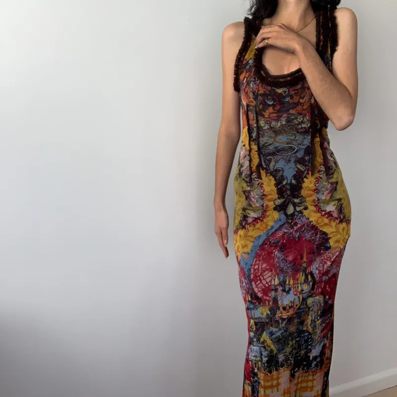 Uveng Uveng Ins Women's Summer 2023 New Fashion Vintage Tie-Dye Print Sexy U-Neck Slim Dress Long Dress
