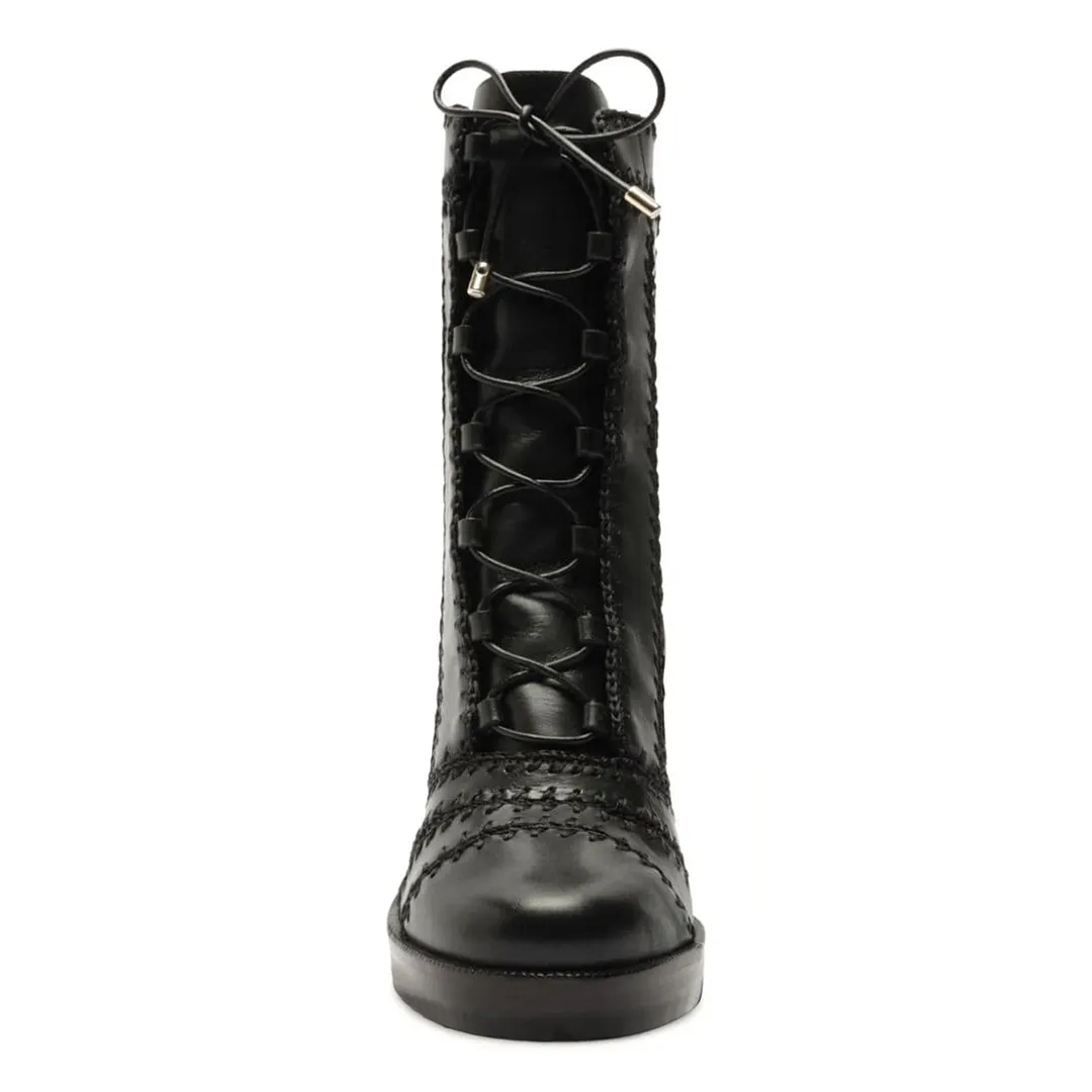 Vegan Leather Almond Toe Stitched Lace-Up Ankle Booties in Black