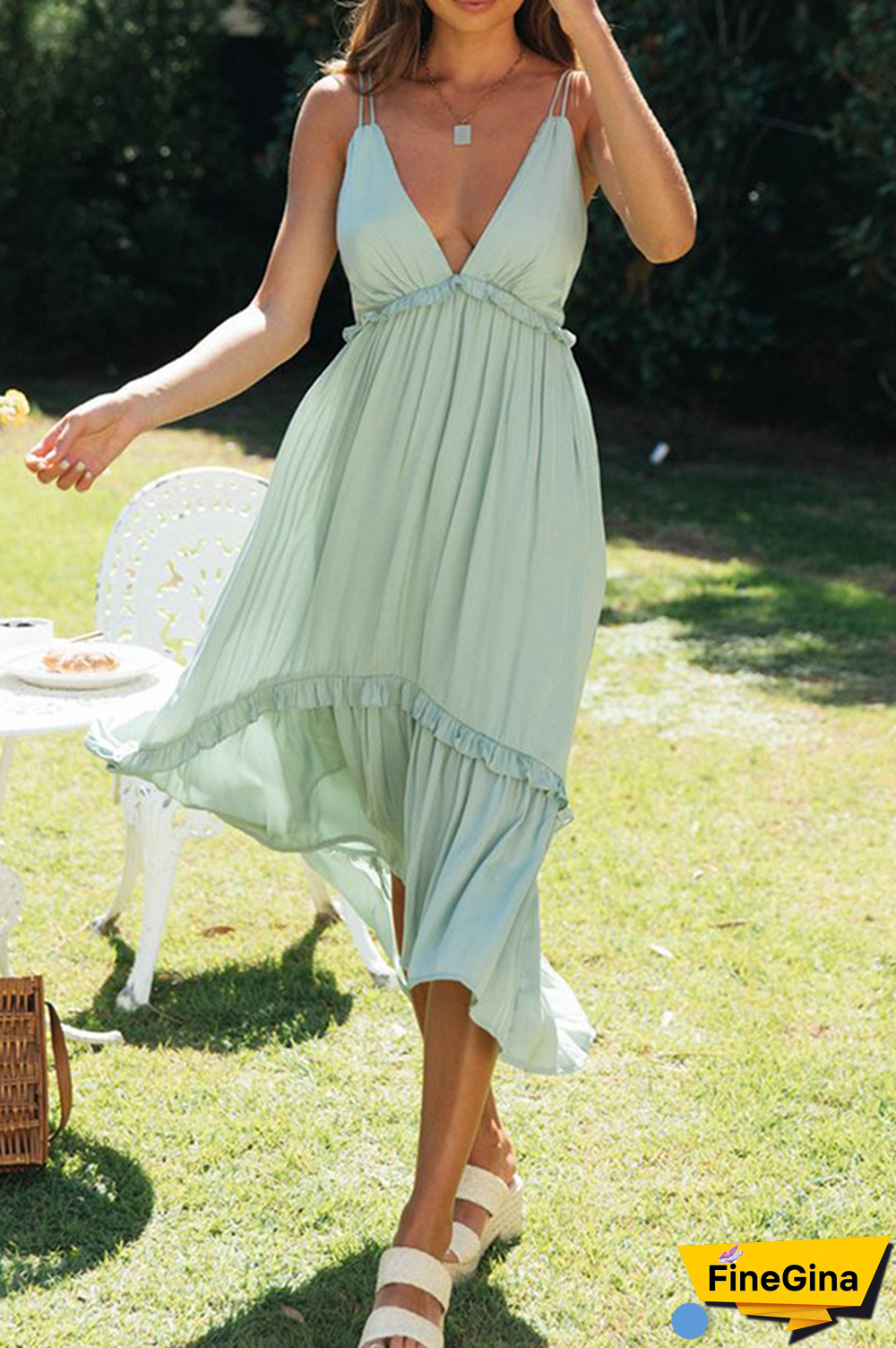 Fashion Casual Solid Frenulum Backless V Neck A Line Dresses