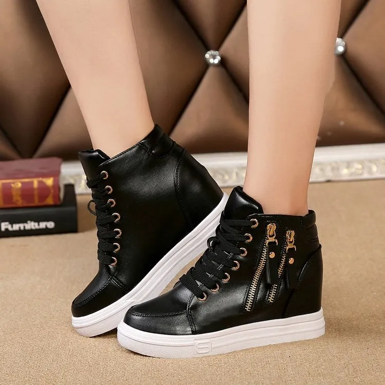 Women Wedge Platform Rubber Brogue Leather Lace Up High Heel 6 Cm Shoes Pointed Toe Increasing Creepers White Sneakers Zipper
