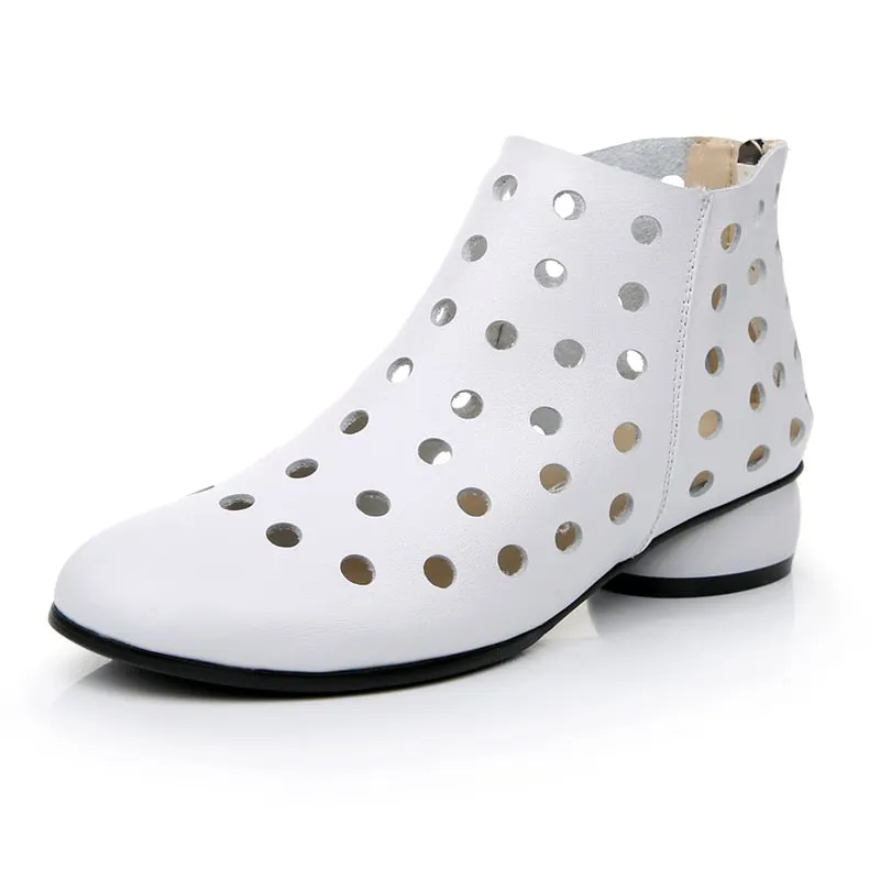GKTINOO 2022 Summer Ankle Boots Genuine Leather Shoes Women Med High Heel Back Zipper Boots Cutout breathable Mujer Zapatos