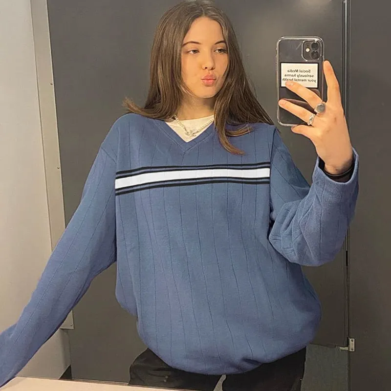 HEYounGIRL Striped V Neck Oversized Sweater Women Casual Loose Knitted Jumper Ladies Preppy Style Vintage Korean Knitwear Autumn