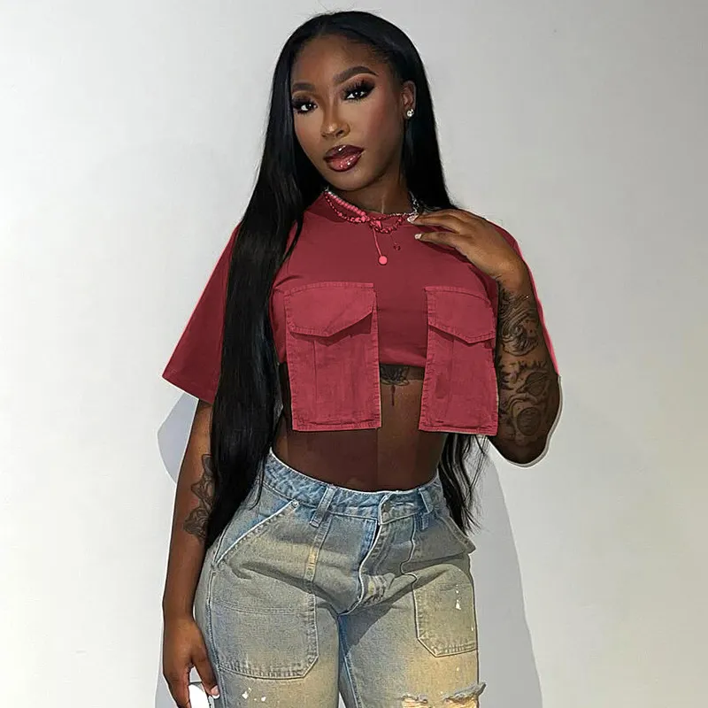 Brownm Brownm Women's Summer New Fashion Wear Round Neck Short Sleeves Pocket Ultra-Short T-Shirt Top