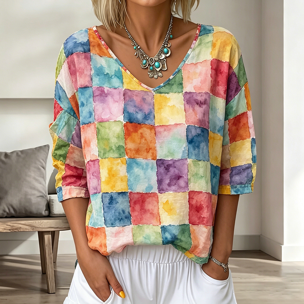 Comstylish Colorful Plaid Tie-dye Art Linen Blend V-neck Top