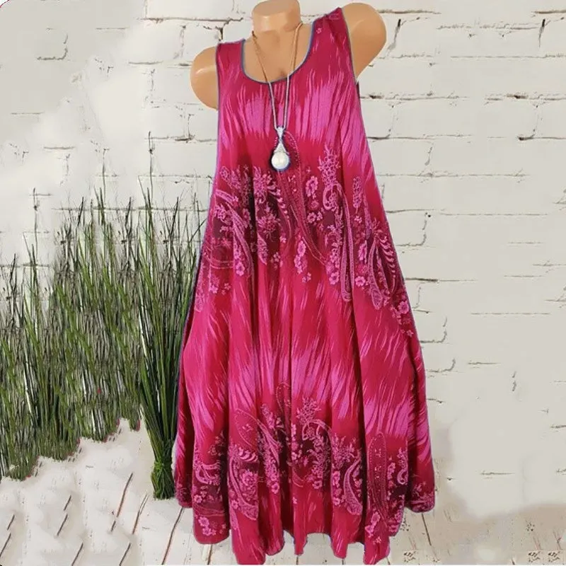 Brownm Temperament Commute Summer Digital Print Sleeveless Round Neck Dress