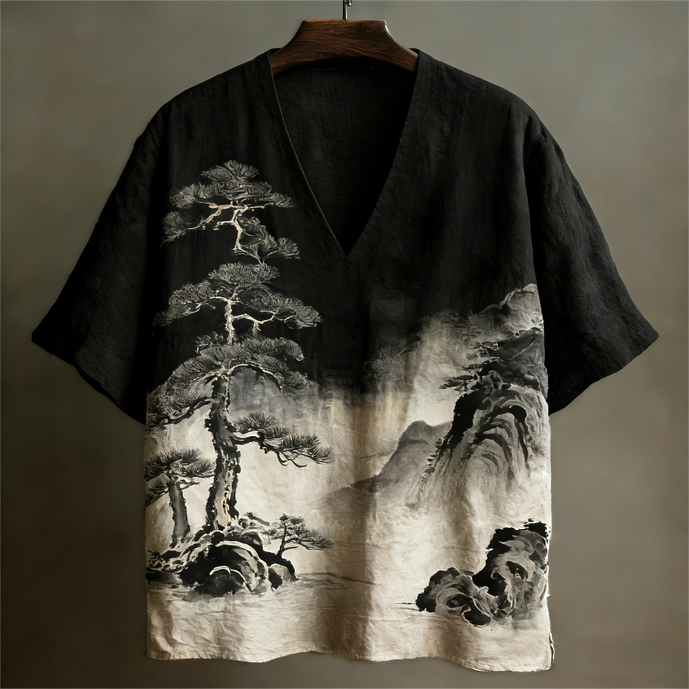 Japanese Ink Landscape Art Linen V-neck Shirt  artssus