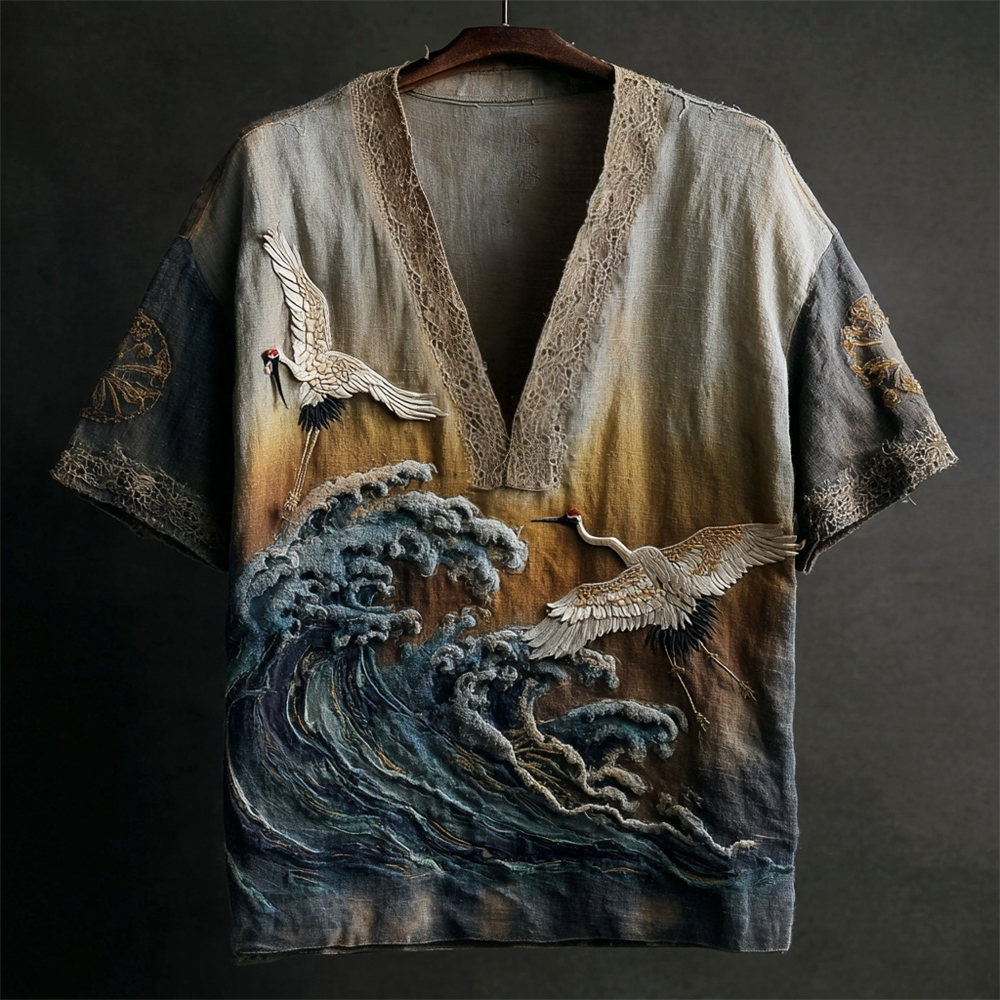 Japanese Embossed Crane Vintage Art Men's Linen V-neck Shirt  artssus