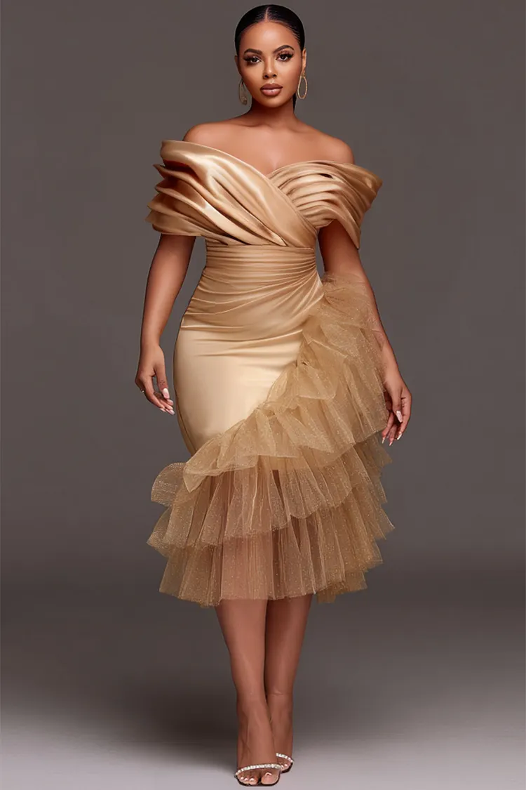 Xpluswear Design Plus Size Wedding Guest Tulle Champagne Off The Shoulder Ruffle Elegant Contrast Satin Midi Dresses 2024 - Xpluswear