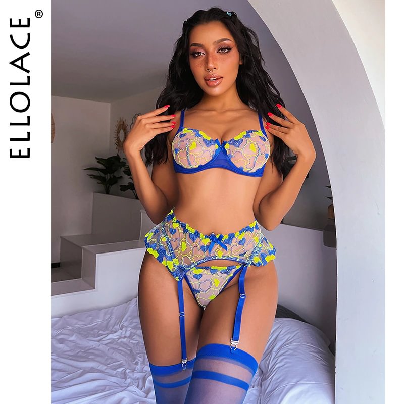 Billionm Lingerie Luxury Lace Female Underwear Transparent Bra Ruffles Garters Love Embroidery 5-Pieces Seamless Kit Intimate