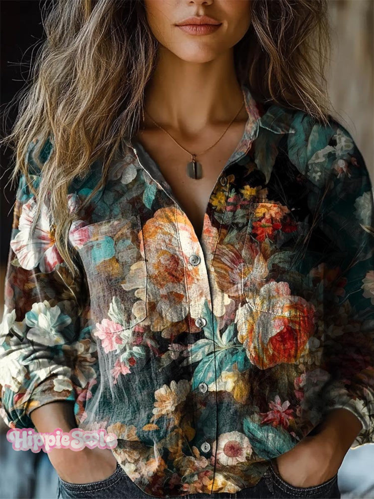 Women&rsquo;s Vintage Floral Art Print Casual Long Sleeve Comfortable Cotton Shirt Multicolor / S