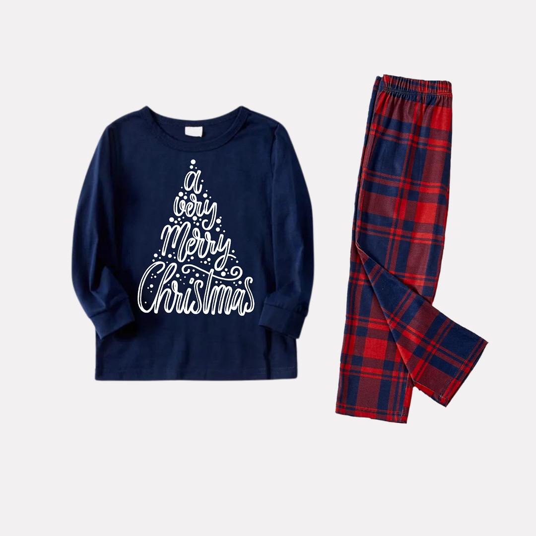 "A Very Merry Christmas" 2024 Blue Long Sleeve Top with Blue & Red Plaid Family Matching Pajamas