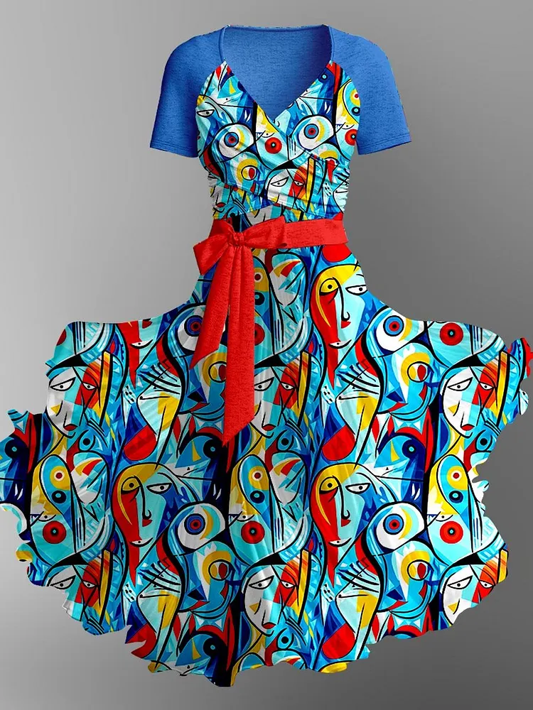 Women's Abstract Art Style Picasso Print Pocket Dress