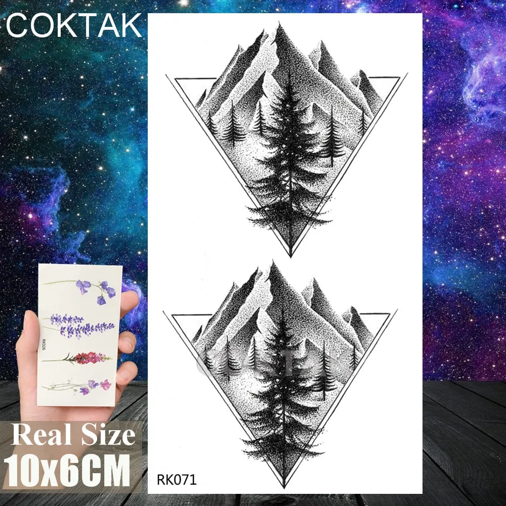 Geometry Pine Tree Temporary Tattoos Sticker Black Mountain Moon Water Transfer Tattoo For Men Body Art Washable Beauty Tatoos