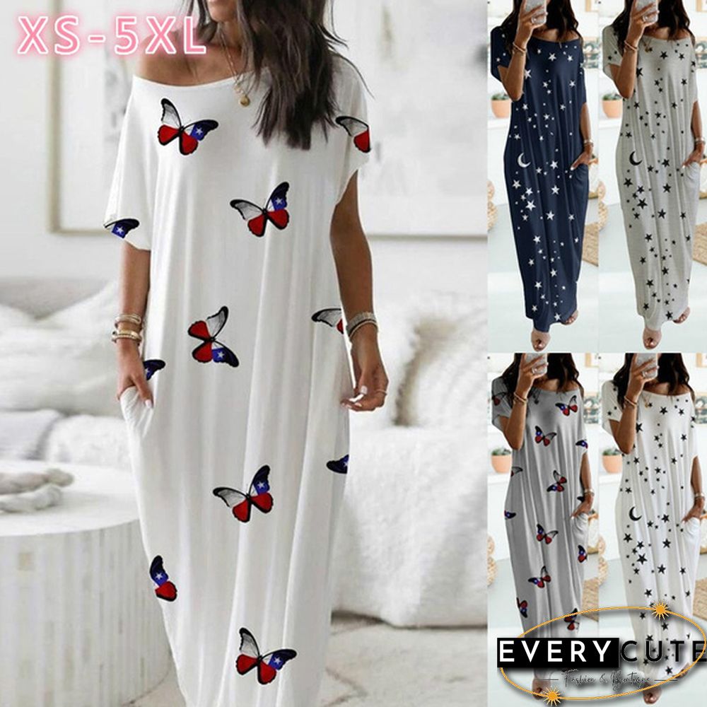 Plus Size Xs-5Xl Women Loose Casual Short Sleeve Moon Stars Print Maxi Dress Home Clothes Soft Long Dresses Homeware Vestidos Casuales