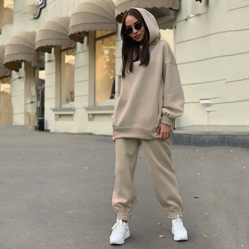 2021 Autumn Women Hoodies And Sweatpants White Tracksuits Female Two Piece Solid Color Pullovers Jacket Lounge Wear Casual Suit