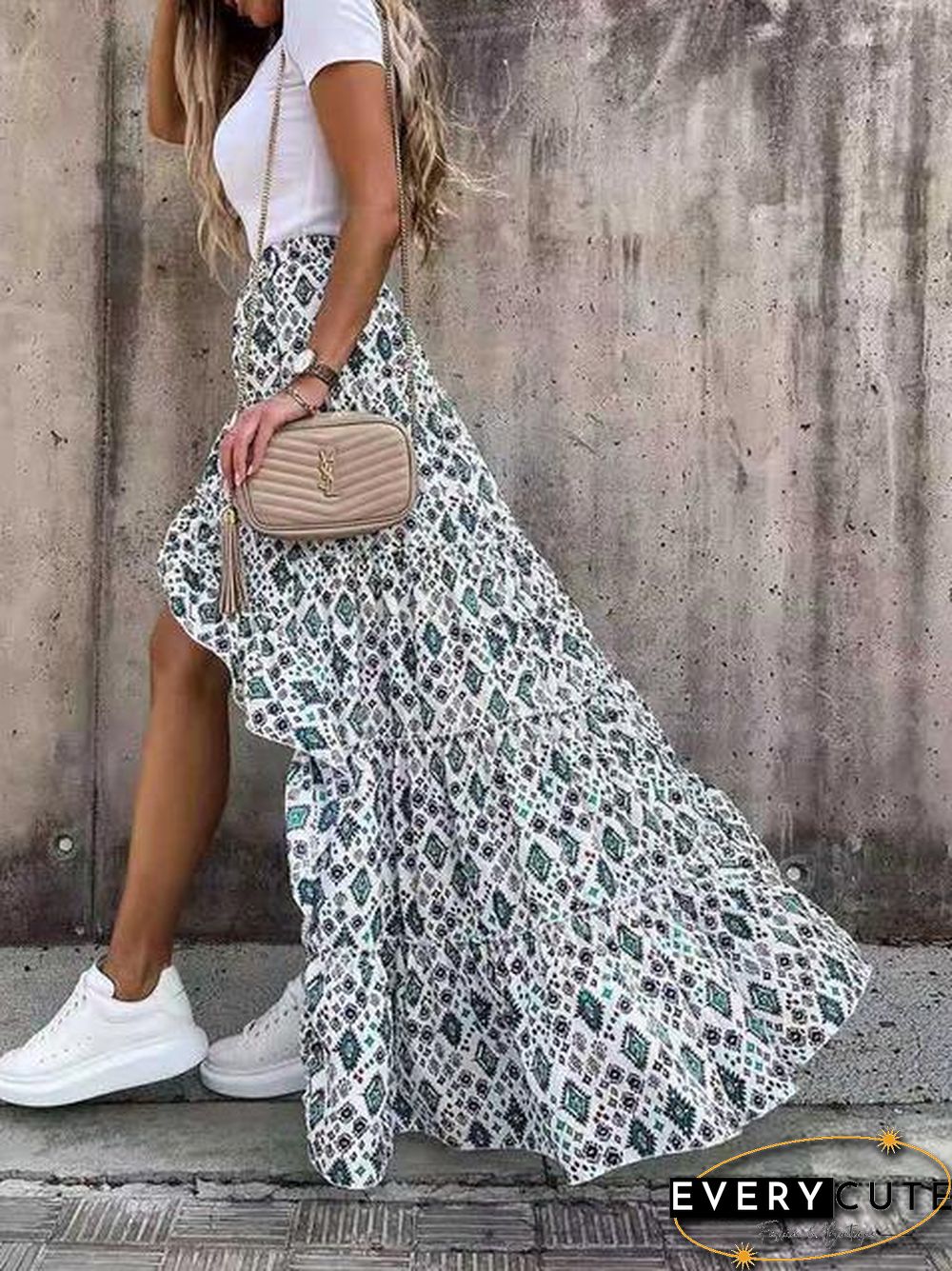 Casual Floral Print Asymmetrical Hem Skirt