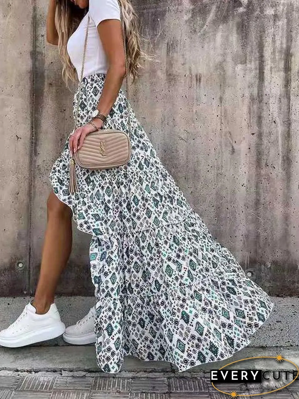 Casual Floral Print Asymmetrical Hem Skirt