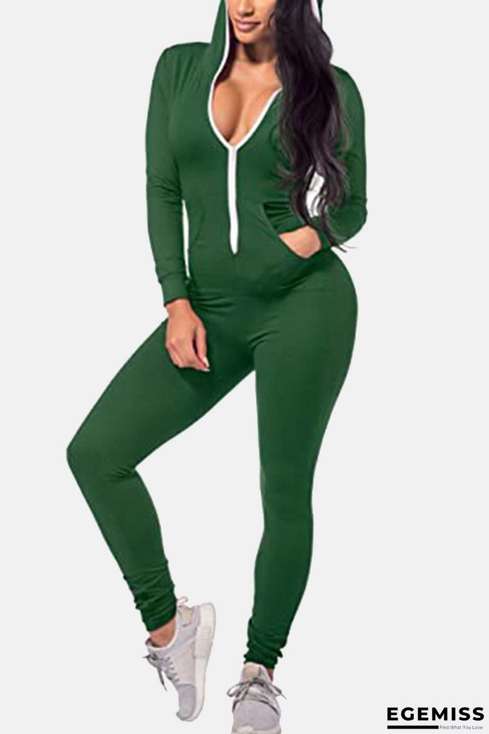 Army Green Fashion Casual Solid Basic Hooded Collar Skinny Jumpsuits | EGEMISS