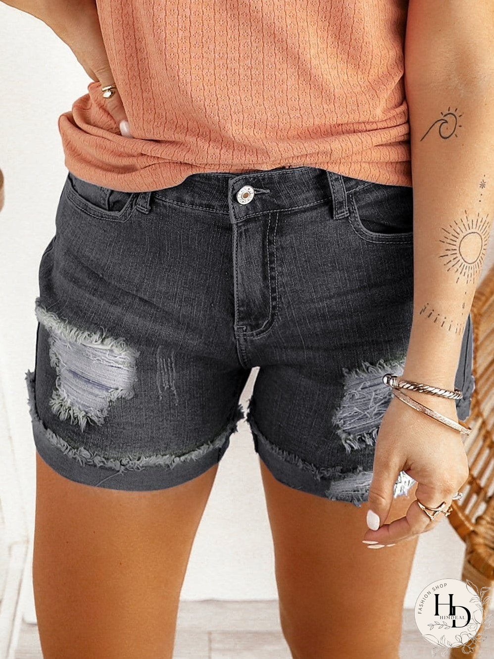 Vintage Chic Distressed Black Denim Shorts with Roll Hem