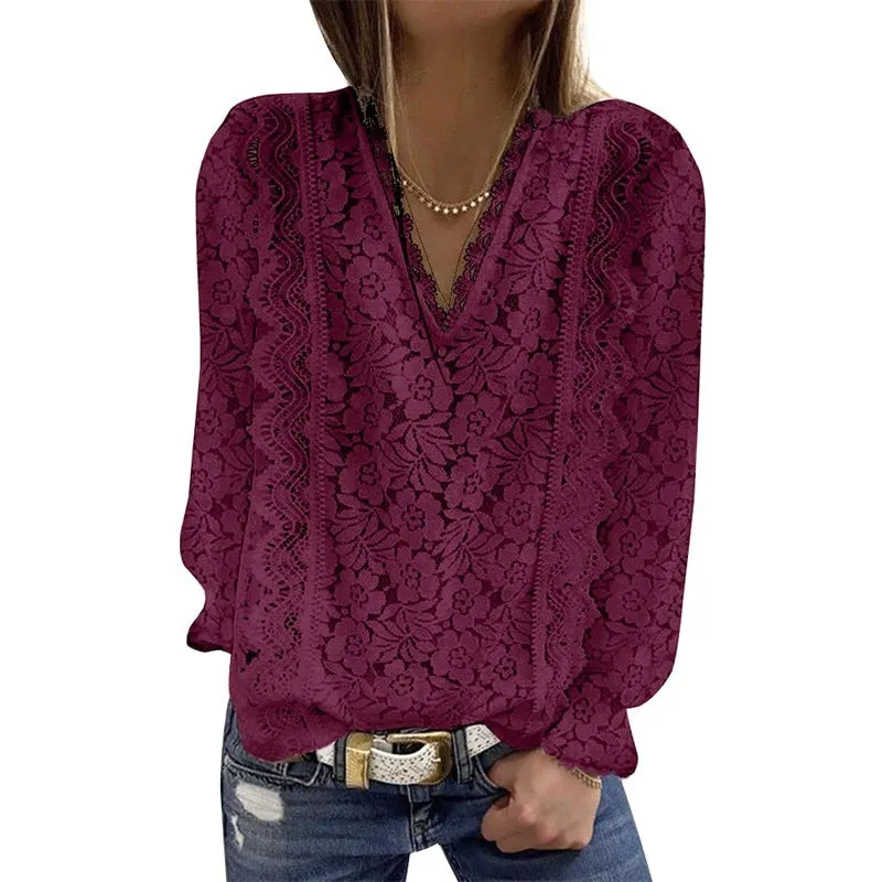 Plus Size Loose Women For Blouses 2022 New O Neck Long Sleeve Elegant Chic Ladies Lace Shirt Tops Fashion Casual Women Blouse